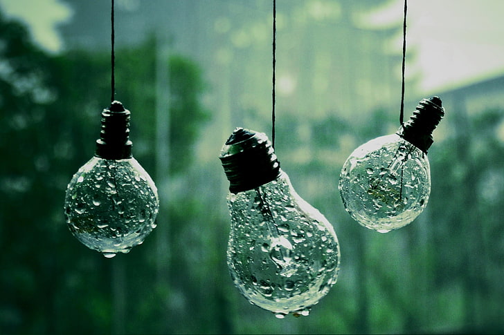 три прозрачные лампы накаливания, капли, макро, фото, фон, дождь, обои, веревка, лампочка, разные, HD обои