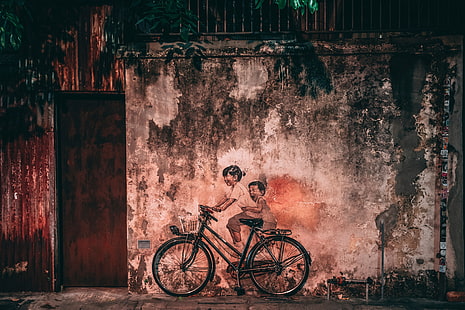 двое детей езда на велосипеде живопись, граффити, велосипед, дети, стена, старый, HD обои HD wallpaper
