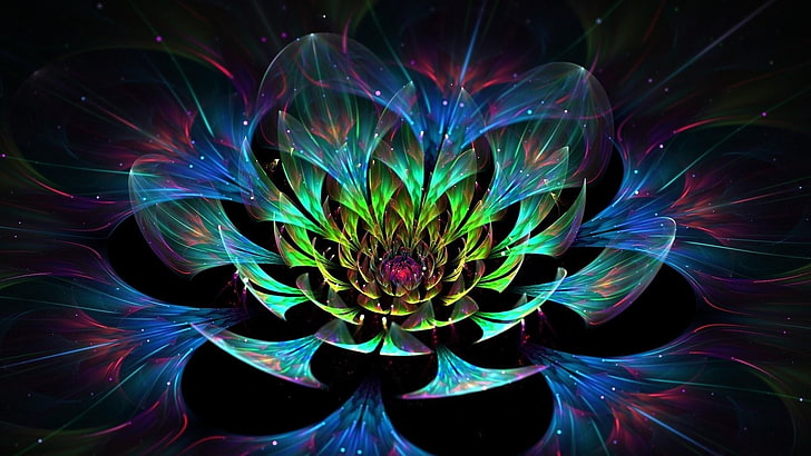 fleur, 3d, art numérique, lumières, couleurs, lotus, Fond d'écran HD