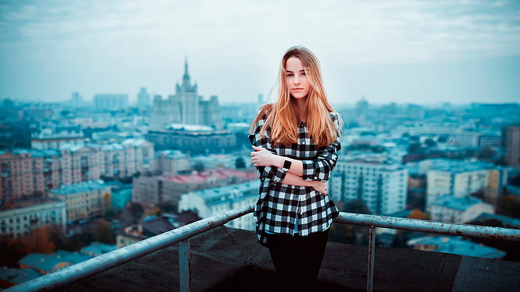 women's black and white gingham sport shirt, roof, girl, the city, height, Ivan Gorokhov, Maryana Ro, HD wallpaper