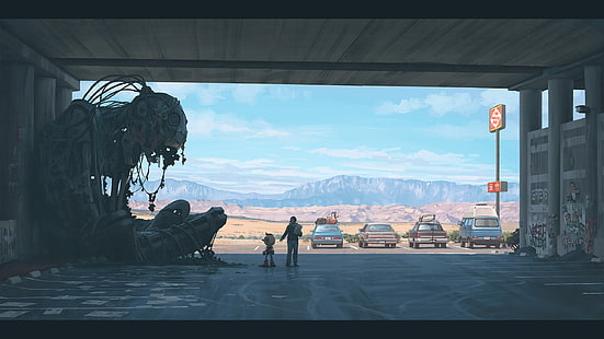 dystopian, ojciec, pustynia, samochód, rysunek, Simon Stålenhag, The Electric State, Tapety HD HD wallpaper