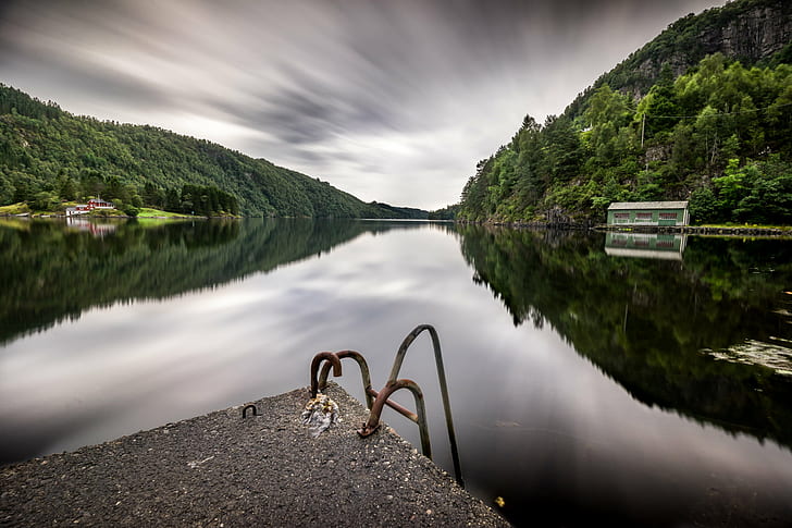 fisheye lens photography of river, norway, norway, Hordaland, Norway, Landscape, travel photography, fisheye lens, river, clouds, europe, full frame, geotagged, long exposure, motion, nature, reflection, reflections, sea, seascape, sky, sony a7, fe, ultra, outdoors, lake, mountain, water, HD wallpaper