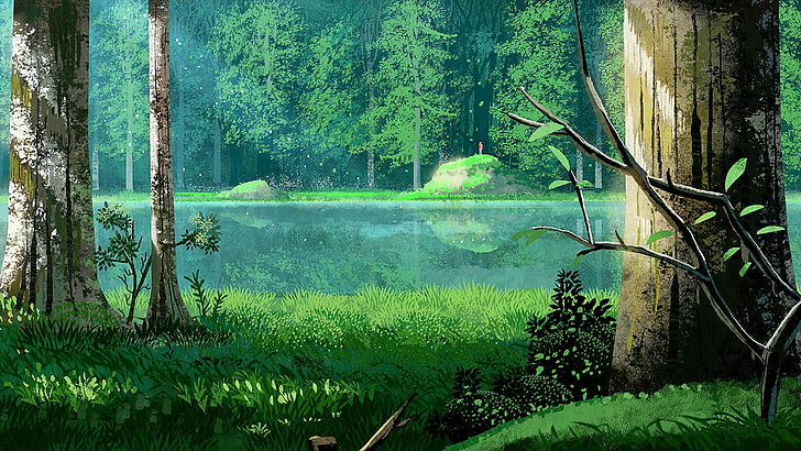 зеленая трава, озеро, окружающая среда, цифровое искусство, HD обои