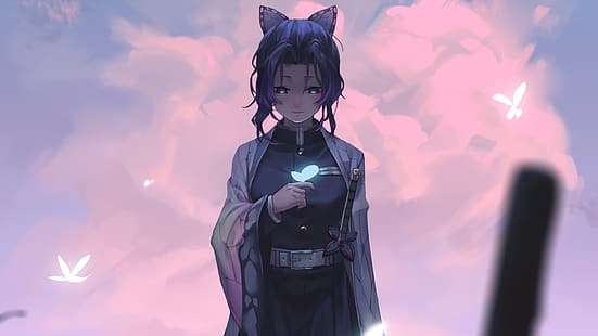 Anime-Mädchen, Anime, Schmetterling, einfacher Hintergrund, Schwert, graue Augen, Kimetsu no Yaiba, Kochou Shinobu, HD-Hintergrundbild HD wallpaper