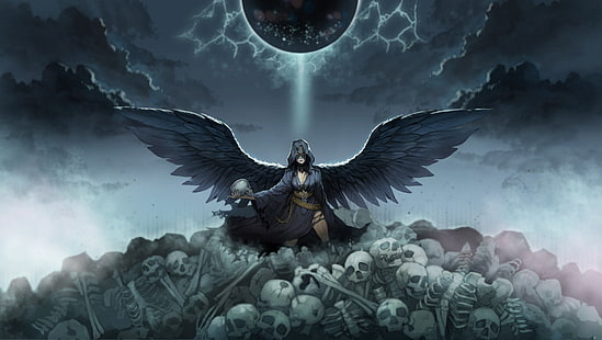  look, wings, angel, fantasy, art, skull, skeletons, the angel of death, HD wallpaper HD wallpaper