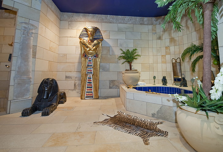 tiger hide rug, design, house, style, room, Villa, interior, bathroom, Interier, egyptian bath, HD wallpaper