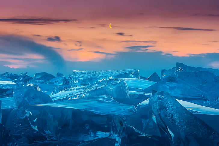 Езеро Байкал, лед, полумесец, небе, лед, луна, зима, Байкал, HD тапет