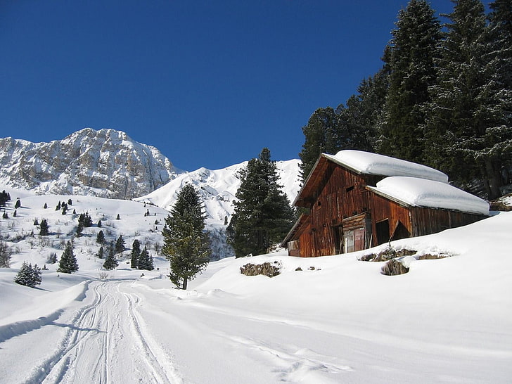 kahverengi ahşap kabin, kar, dağ kayak merkezi, ev, HD masaüstü duvar kağıdı