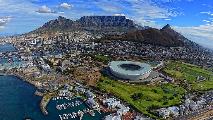 иллюстрация стадиона, Кейптаун, Мать-Сити, город, стадион, гавань, вид с воздуха, пейзаж, городской пейзаж, HD обои