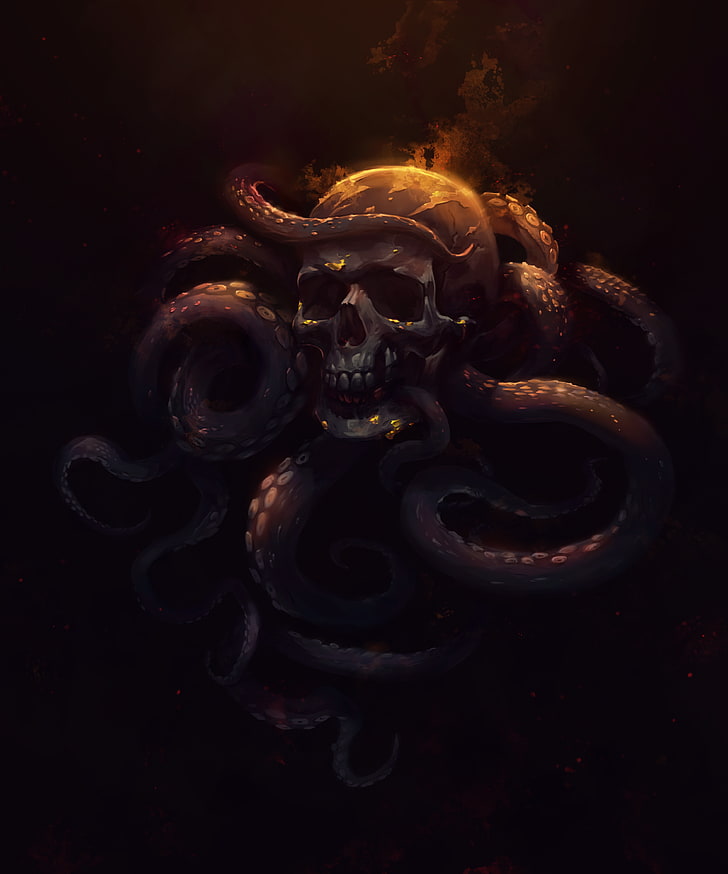 skull, octopus, tentacles, creepy, art, HD wallpaper