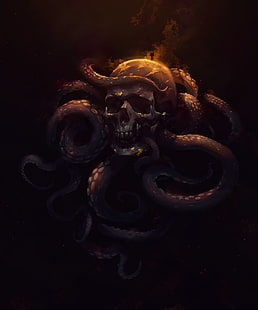 skull, octopus, tentacles, creepy, art, HD wallpaper HD wallpaper