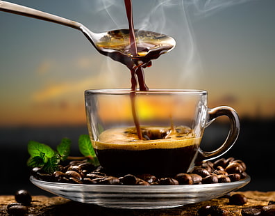 투명 유리 커피 컵, 커피, 숟가락, 커피 콩, 아로마, 민트 잎, HD 배경 화면 HD wallpaper