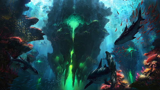 تحت الماء ، فن الخيال ، سمك القرش ، الفن الرقمي ، البحر، خلفية HD HD wallpaper