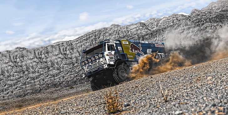 mobil truk reli biru dan putih Red Bull, pasir, gunung, gurun, debu, truk, reli, KAMAZ, Paris-Dakar, master KAMAZ, Wallpaper HD