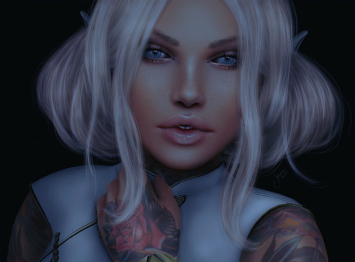 Fantasy Elf Blue Eyes Face Girl Pointed Ears Tattoo White Hair Woman Hd Wallpaper Wallpaperbetter
