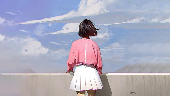  digital, artwork, anime girls, anime, dark hair, clouds, original characters, digital art, HD wallpaper HD wallpaper