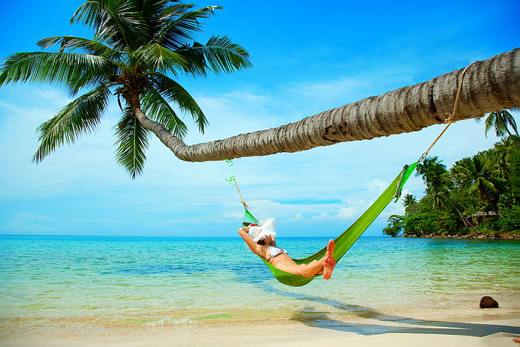 tempat tidur gantung hijau, pasir, laut, pantai, langit, gadis, Palma, topi, tempat tidur gantung, Wallpaper HD