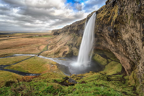 водопади на кафява скалиста скала през деня, Seljalandsfoss, през деня, Исландия, водопад, пейзаж, природа, живопис, вода, река, на открито, планина, HD тапет HD wallpaper