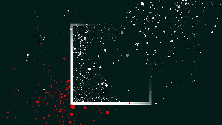 silver frame border, black, white, and red artwork, abstract, minimalism, square, paint splatter, simple background, dots, digital art, black, white, red, HD wallpaper