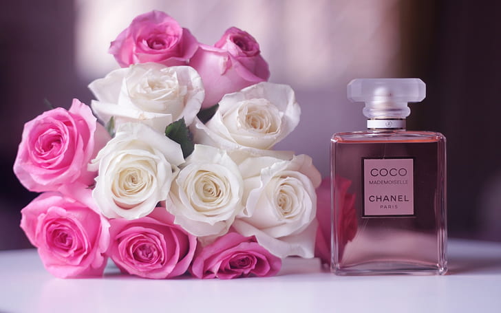 Chanel Coco Mademoiselle perfume, white and pink rose flowers, Chanel, Perfume, White, Pink, Rose, Flowers, HD wallpaper