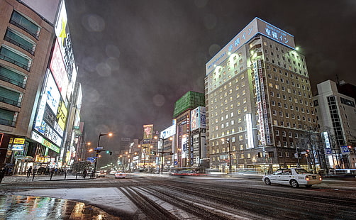 Sapporo City, Hokkaido, Japan, Asia, Japan, Lights, Night, Building, Street, Cold, Storm, Snow, Urban, Reflections, nikon, sapporo, d700, hokkaido, longexposurecar, HD wallpaper HD wallpaper