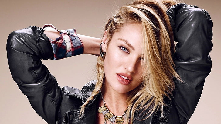 Candice Swanepoel, women, model, blonde, hands on head, blue eyes, braids, open mouth, looking at viewer, necklace, black outfits, face, leather jackets, HD wallpaper