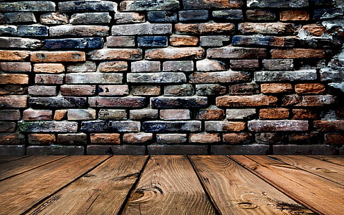 коричневая деревянная поверхность, стена, кирпичи, дерево, деревянная поверхность, вид червяка, HD обои HD wallpaper