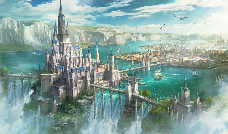 Schloss, Boot, See, Wasserfall, Fantasiekunst, HD-Hintergrundbild