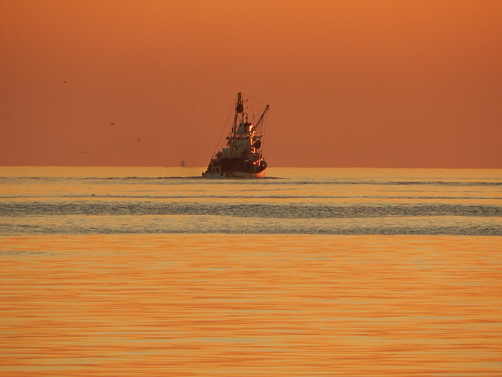 barco, puesta de sol, vehículo, mar, cielo, Fondo de pantalla HD