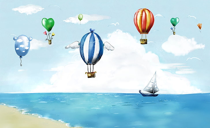 Festiwal balonów na ogrzane powietrze, biała żaglówka i ilustracja balonów na ogrzane powietrze w różnych kolorach, artystyczne, rysunki, balon, festiwal, Tapety HD