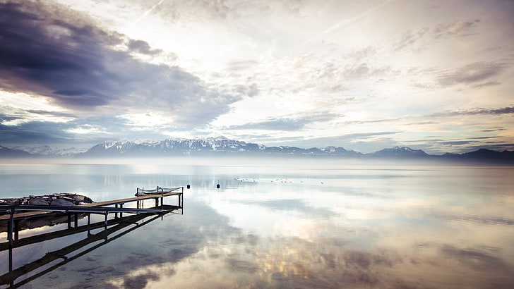 reflection, horizon, pier, calm, dawn, loch, lake, morning, sunrise, HD wallpaper