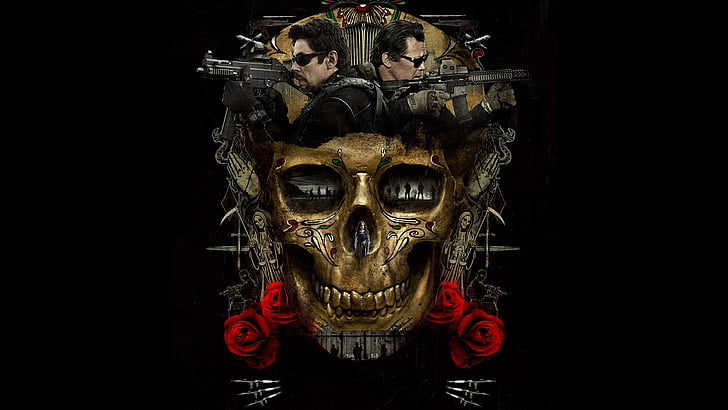 calavera marrón y decoración de rosas, Sicario: Día del Soldado, Josh Brolin, Benicio Del Toro, 8k, Fondo de pantalla HD
