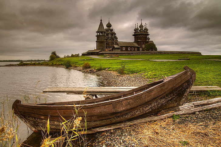 الزورق الخشبي البني ، الخريف ، القارب ، روسيا ، Kizhi، خلفية HD