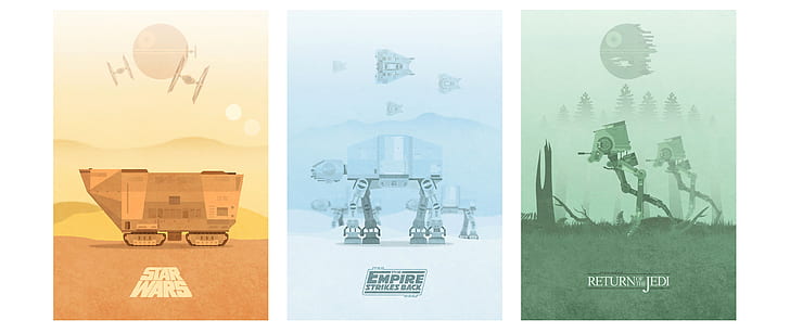 Film posters, movie poster, collage, Star Wars, AT-AT, Death Star, Jawas, Endor, T-47 airspeeder, Hoth, AT-ST, Tatooine, TIE Fighter, minimalism, HD wallpaper