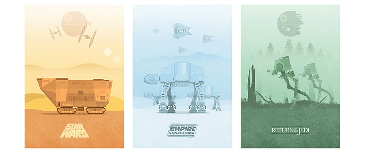 Poster di film, poster di film, collage, Star Wars, AT-AT, Death Star, Jawas, Endor, T-47 airspeeder, Hoth, AT-ST, Tatooine, TIE Fighter, minimalismo, Sfondo HD HD wallpaper