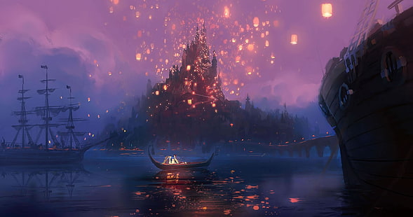 body of water, Disney, Tangled, sky lanterns, ship, boat, artwork, HD wallpaper HD wallpaper