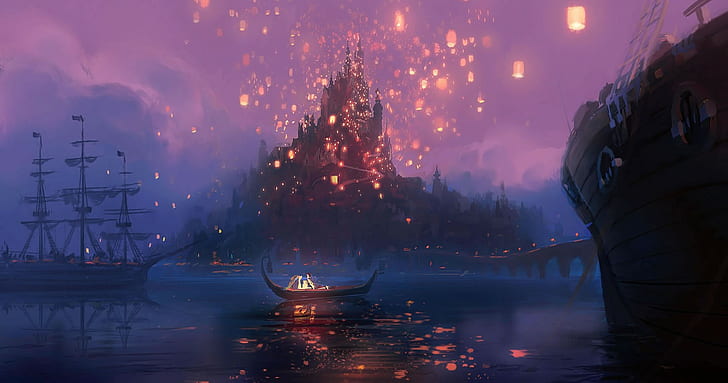 Tangled, Disney, sky lanterns, artwork, boat, ship, HD wallpaper