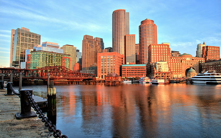 Boston Harbor, Boston, most, port, budynek, zatoka, nabrzeże, Boston Harbor, Boston, Massachusetts, Tapety HD