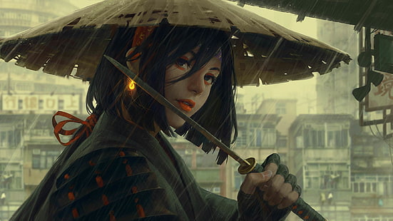 черноволосая девушка держит катану носить загар шляпа аниме персонаж обои, дождь, произведения искусства, женщины, серьги, оригинальные персонажи, лицо, GUWEIZ, вымышленные персонажи, HD обои HD wallpaper
