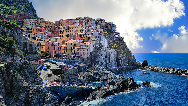 Манарола, Европа, облак, Италия, Cinque Terre, La Spezia, село, Лигурия, нос, море, скала, терен, туризъм, вода, нос, скала, небе, крайбрежие, HD тапет