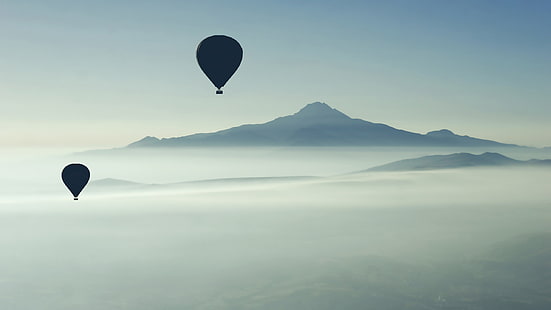 2つのシルエットの熱気球、熱気球、風景、霧、自然、山、 HDデスクトップの壁紙 HD wallpaper