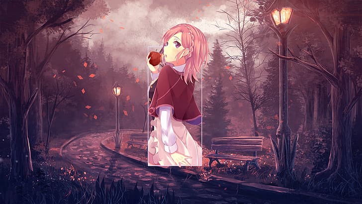 anime, anime girls, Apple a Caramel, anime landscape, Photoshop, digital art, picture-in-picture, piture in picture, fall, HD wallpaper