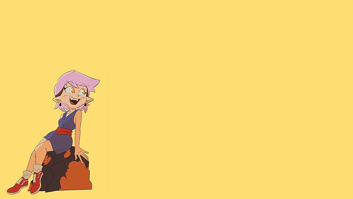 short hair, bangs, blunt bangs, simple background, Disney, sitting, The Owl House, Amity Blight, purple hair, dyed hair, cartoon, dress, purple dress, red shoes, sneakers, socks, pointy ears, rocks, open mouth, fangs, yellow eyes, tongues, yellow background, HD wallpaper