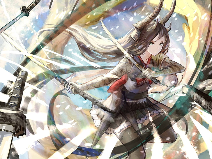 Anime, Anime Girls, Hörner, Schwert, Katana, originelle Charaktere, Pixiv Fantasia, HD-Hintergrundbild