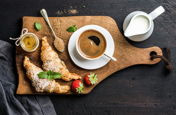 coffee, food, Breakfast, cream, strawberry, jam, croissants, cutting Board, HD wallpaper