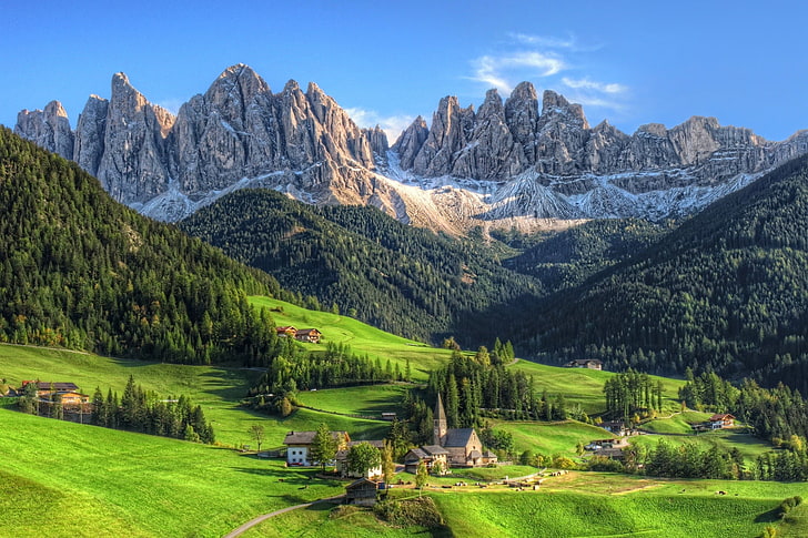 mountains, Dolomites (mountains), village, summer, forest, Tyrol, grass, nature, landscape, green, morning, HD wallpaper
