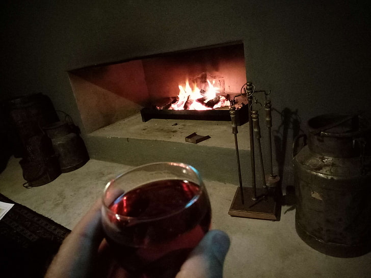 cosy, fireplace, red wine, HD wallpaper