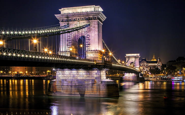 Szechenyi Chain Bridge ، بودابست ، المجر ، نهر الدانوب ، الليل ، الأضواء ، Szechenyi ، السلسلة ، الجسر ، بودابست ، المجر ، الدانوب ، النهر ، الليل ، الأضواء، خلفية HD