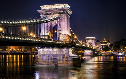 Szechenyi Chain Bridge, Budapest, Hungary, Danube river, night, lights, Szechenyi, Chain, Bridge, Budapest, Hungary, Danube, River, Night, Lights, HD wallpaper HD wallpaper