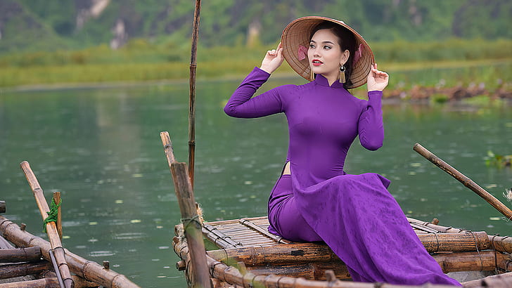 vietnamese, costumes, Asian, people, water, sitting, hat, traditional clothing, HD wallpaper